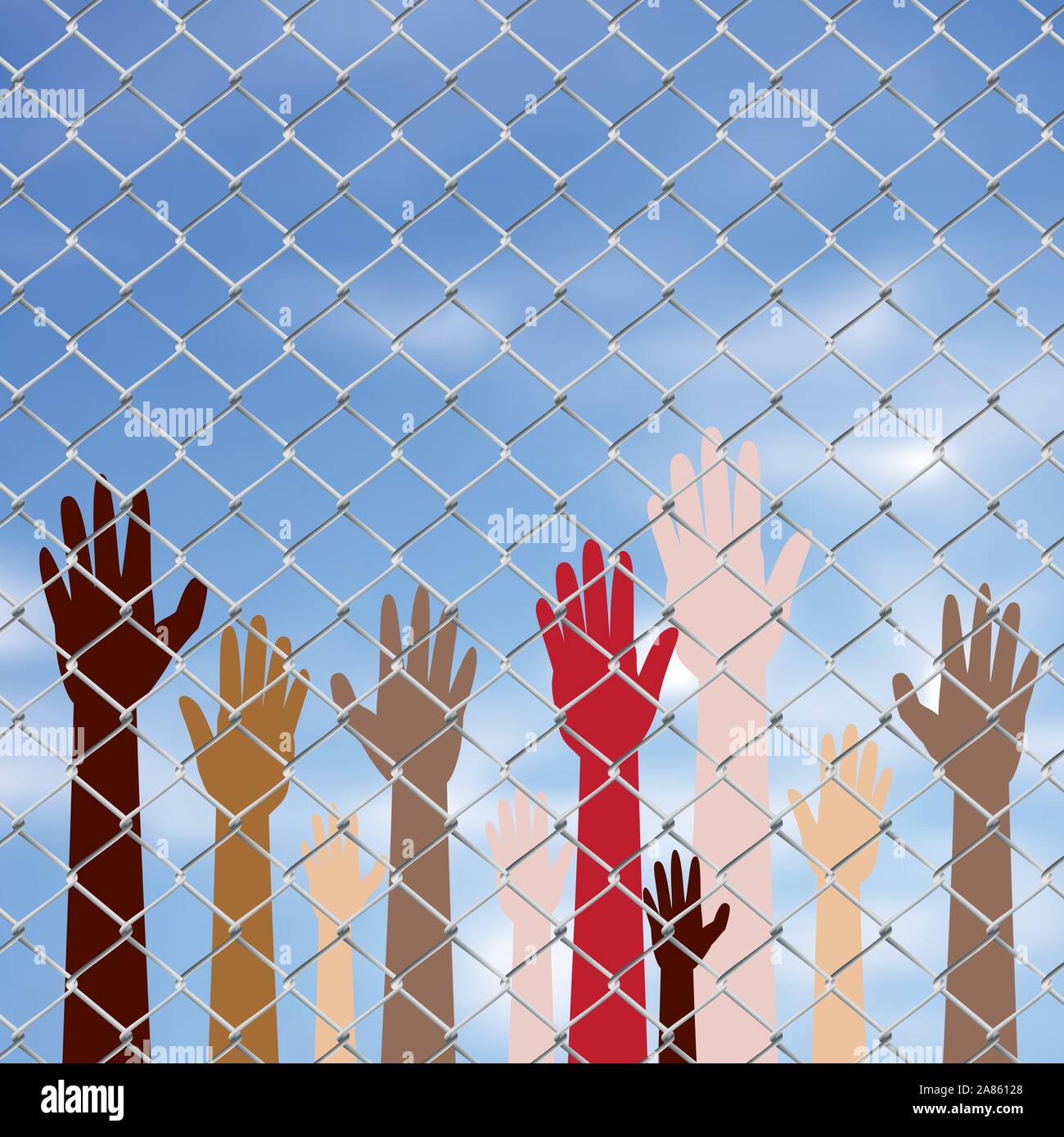 Diversity hand silhouettes behind metal wire fence against blurry sky background. Stock Vector