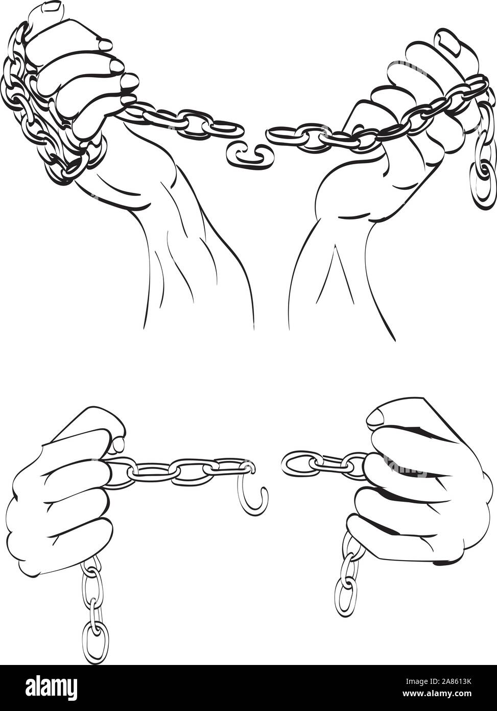 Gray metal chains with shackles on hands silhouette on white background. Stock Vector