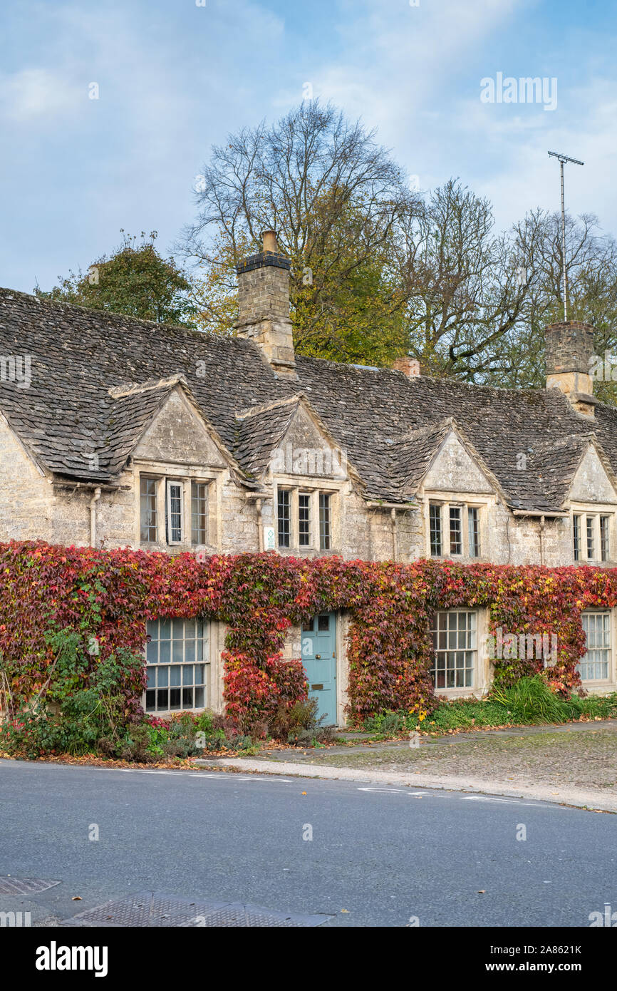 Parthenocissus tricuspidata. Boston Ivy / Japanese Creeper in autumn on a cotswold stone cottage in Burford, Cotswolds, Oxfordshire, England Stock Photo