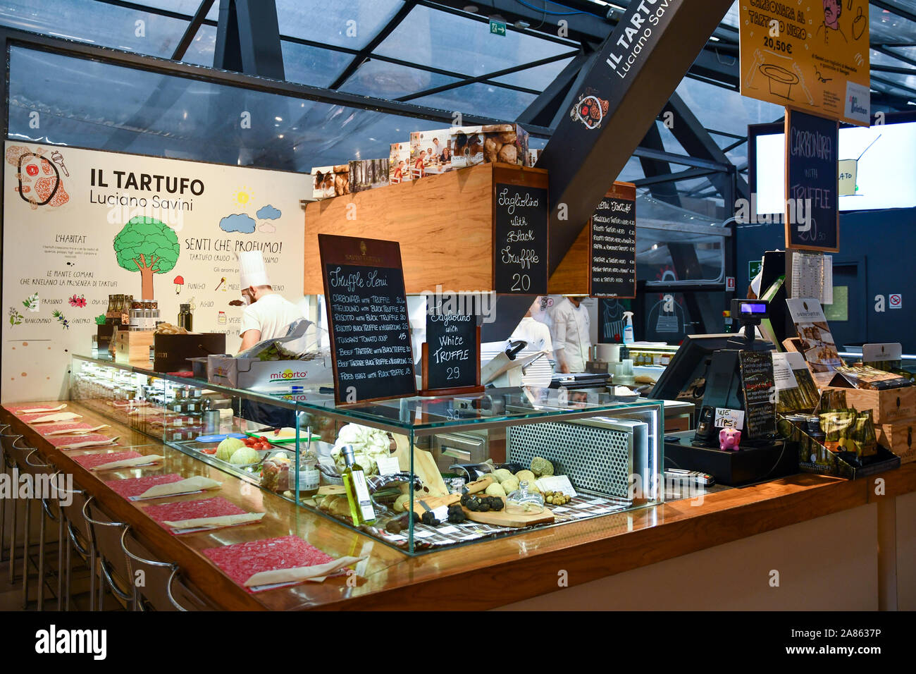 Counter of a truffle shop at first floor of San Lorenzo Central Market in the historic centre of Florence, Tuscany, Italy Stock Photo