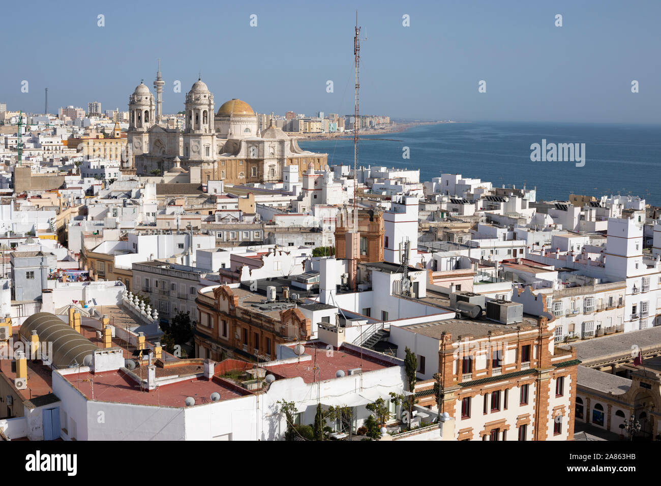 View of the cathedral and city from the top of the Torre Tavira camera obscura tower, Cadiz, Andalucia, Spain, Europe Stock Photo