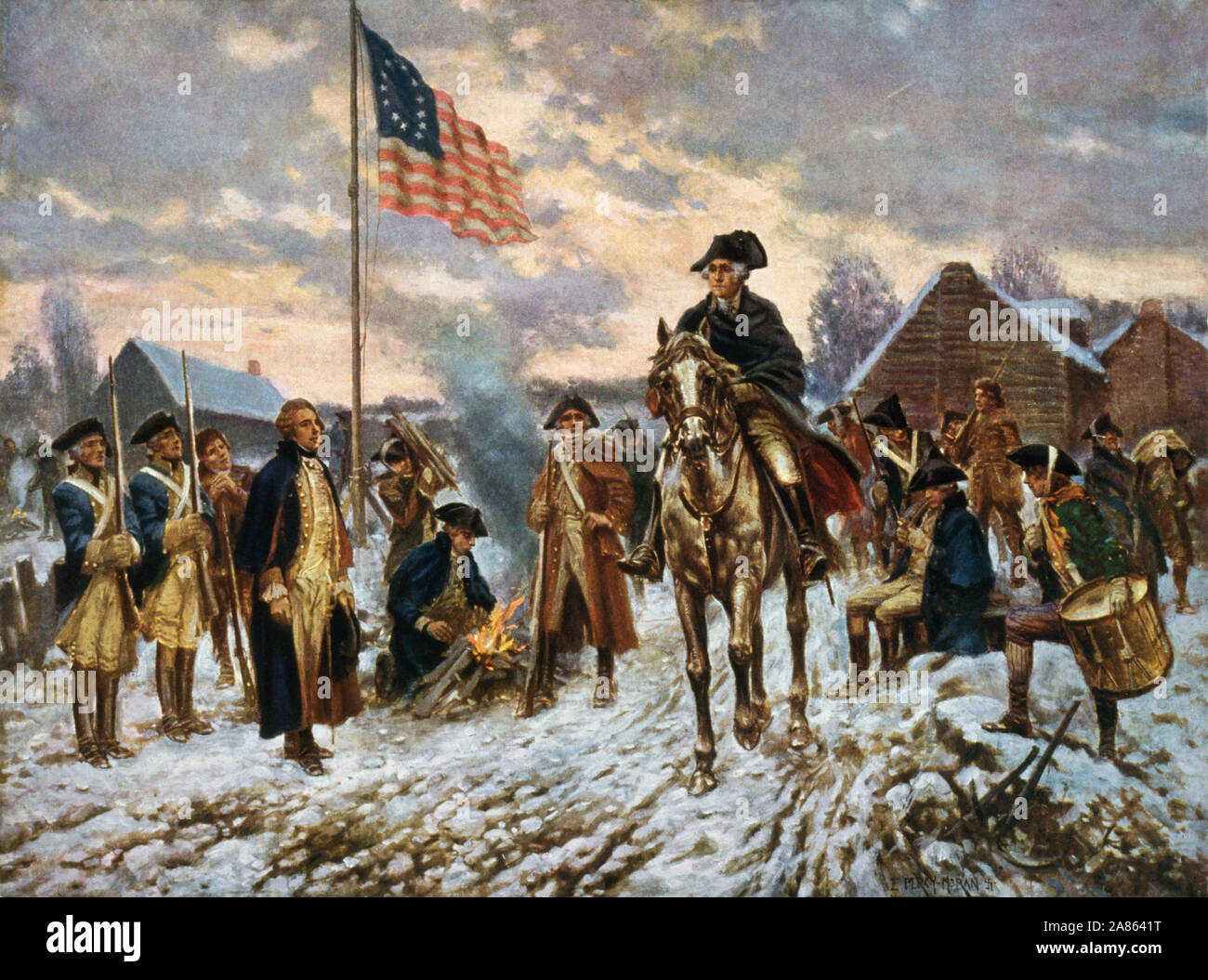 George Washington at Valley Forge during the American Revolutionary War.  George Washington, 1732 - 1799.  American political leader, military general, statesman, Founding Father and the first president of the United States.  After a work by E. Percy Moran. Stock Photo