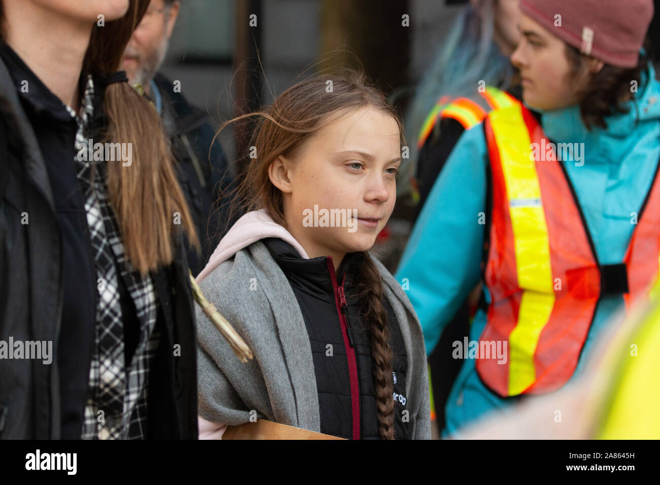 Greta Thunberg in Vancouver, Canada. Swedish Climate Change Activist marching through downtown for the Climate Strike with an estimated 15,000 people. Stock Photo