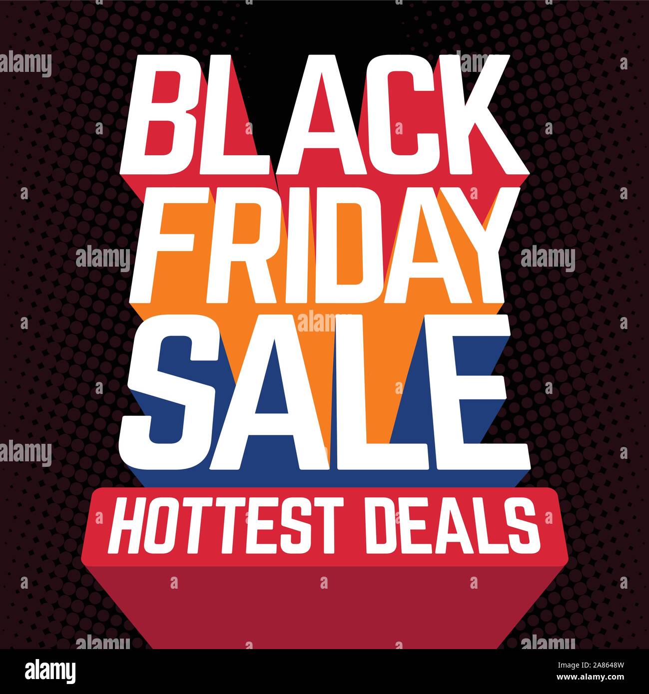 Black Friday Sale Hottest Deals vector banner sign with perspective sans-serif font and long colorful trail shadows on black background. Stock Vector