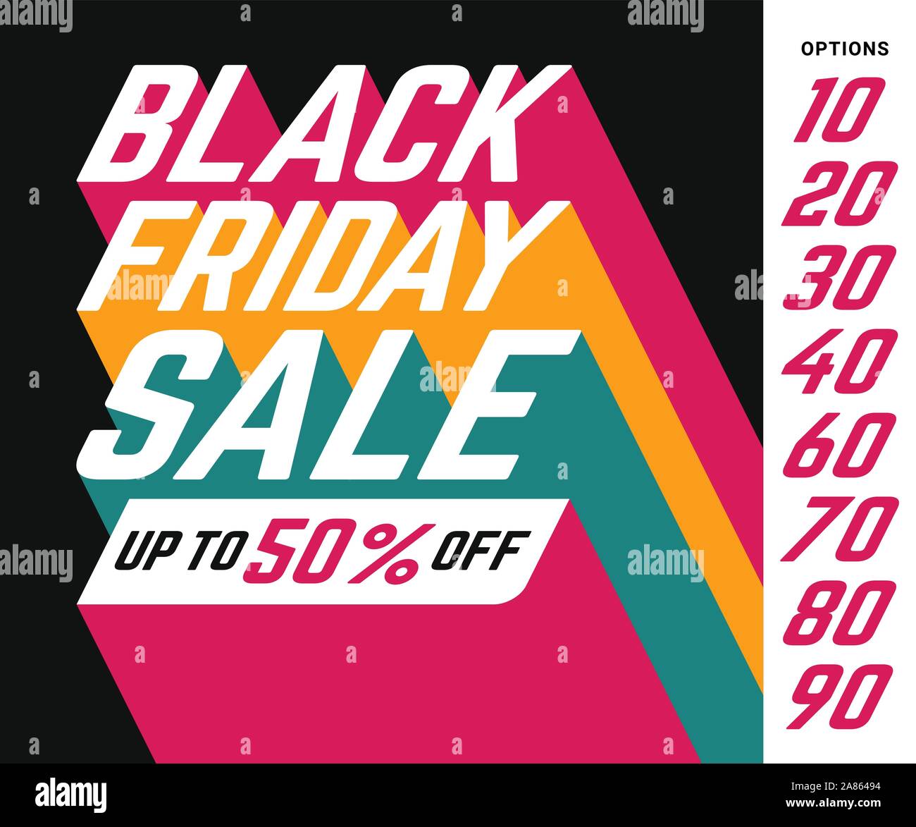 Black Friday Sale Up to 50% off vector banner sign with perspective sans-serif font and long colorful shadows on black background and discount options Stock Vector