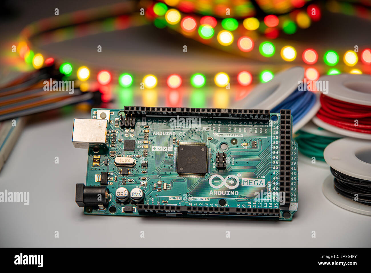 Arduino Mega2560 displayed with hookup wire, LED strip, breadboard, and  jumper wires Stock Photo - Alamy