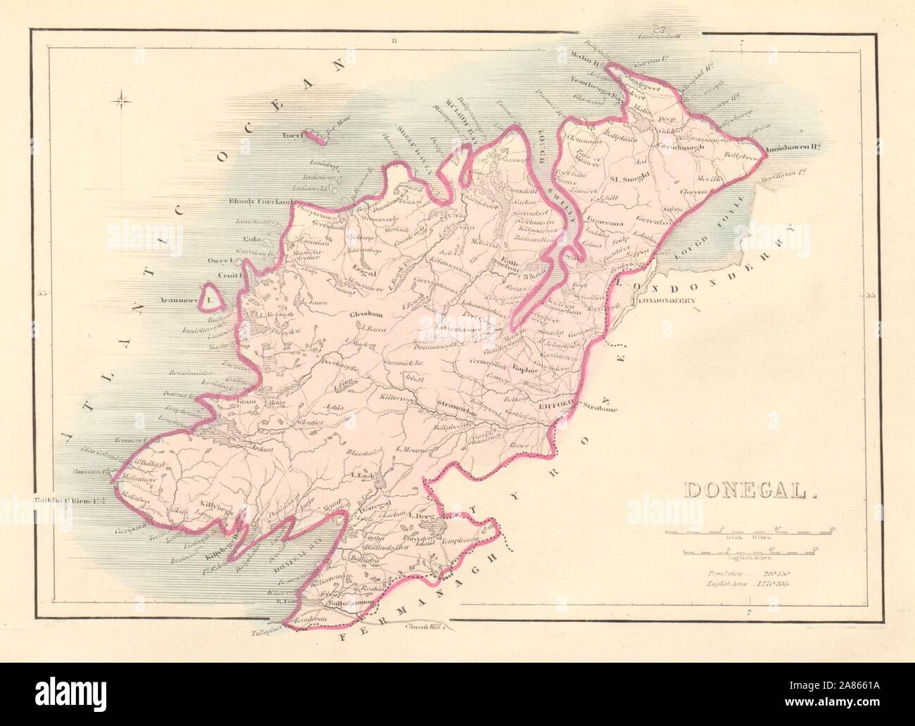 Antique DONEGAL county map by Alfred ADLARD. Ireland 1843 old Stock