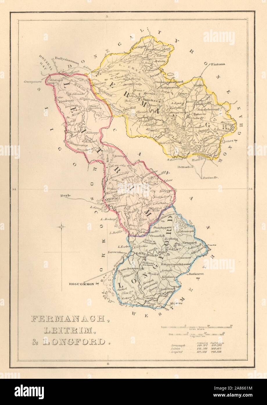 Antique FERMANAGH, LEITRIM, & LONGFORD county map. ADLARD. Ireland Ulster 1843 Stock Photo