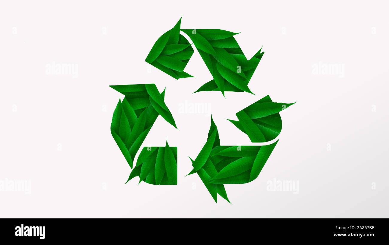 Recycling logo made with green leaves, white background Stock Photo