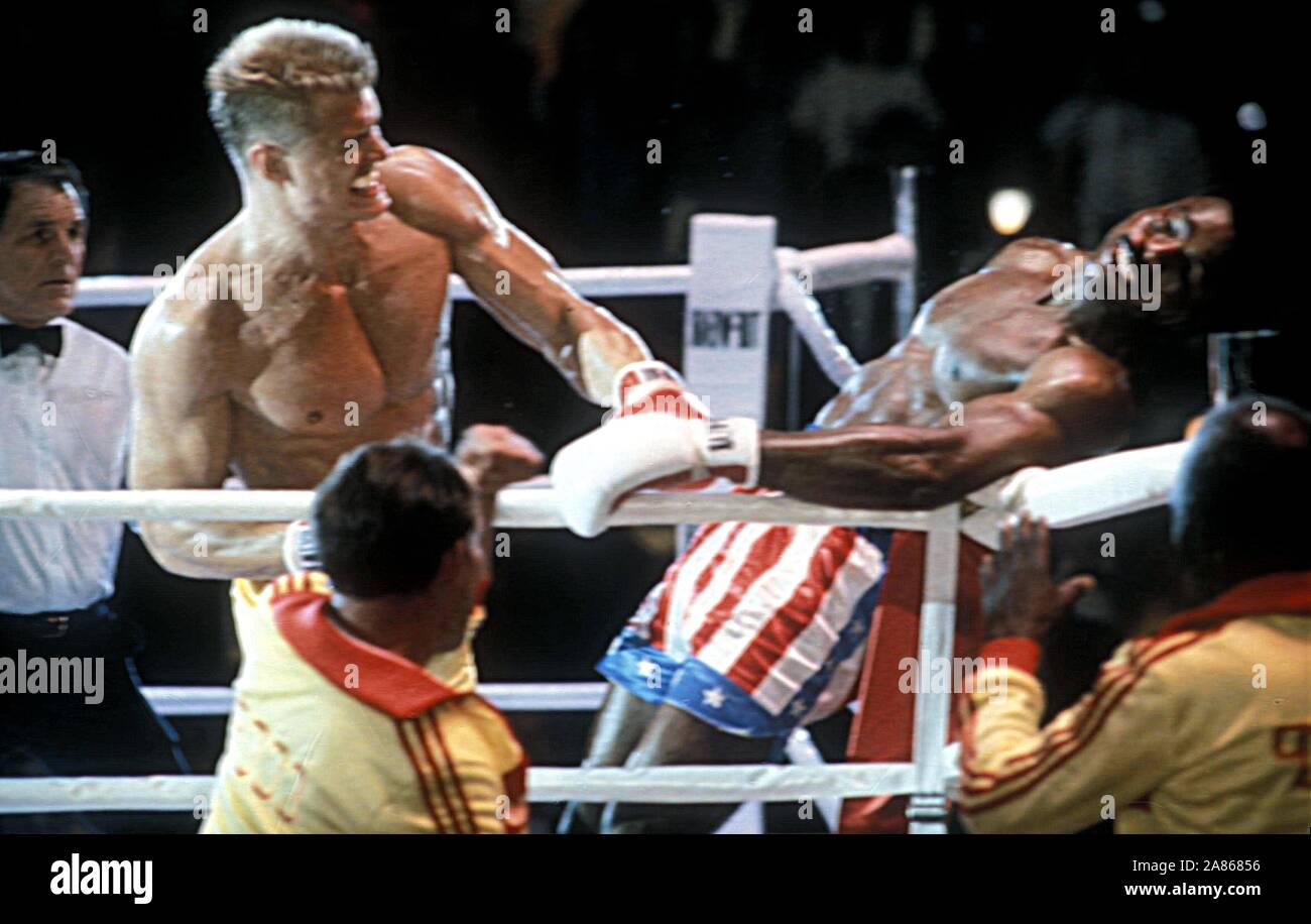 DOLPH LUNDGREN, CARL WEATHERS, ROCKY IV, 1985 Stock Photo