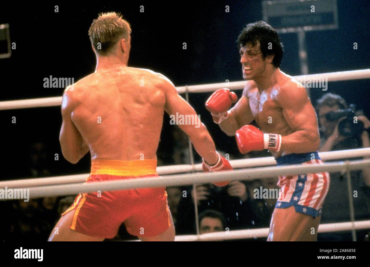 DOLPH LUNDGREN, SYLVESTER STALLONE, ROCKY IV, 1985 Stock Photo