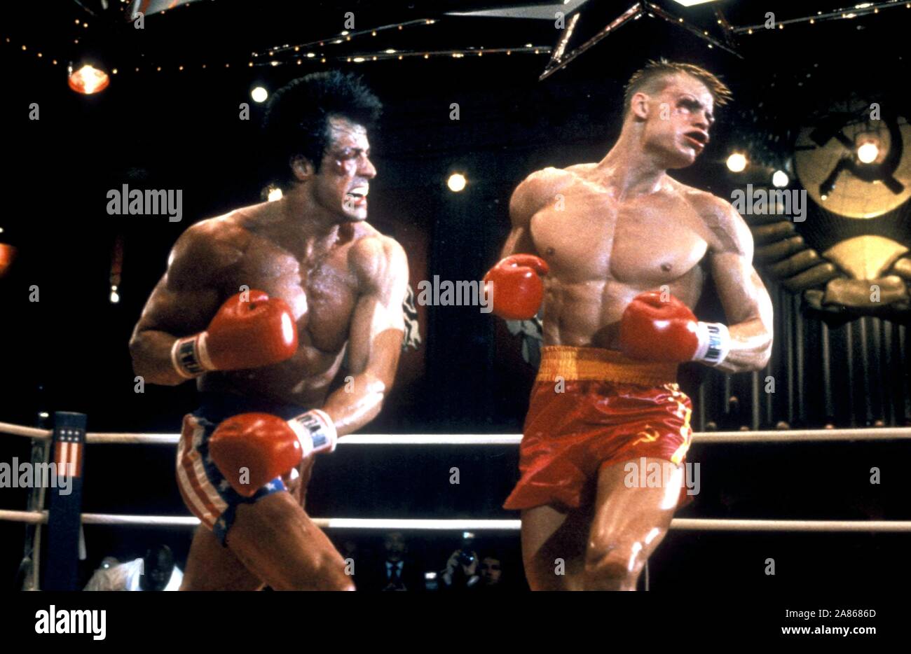 SYLVESTER STALLONE, DOLPH LUNDGREN, ROCKY IV, 1985 Stock Photo