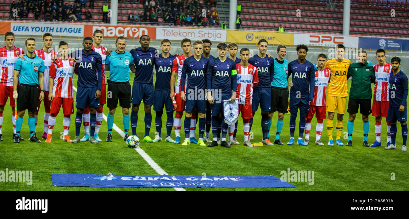 Vozdovac Stadium, Belgrade, Serbia. 6th Nov, 2019. UEFA Under 19 UEFA Youth  league football, FK Crvena Zvezda under 19s versus Tottenham Hotspur under  19s; The players of Tottenham Hotspur and of FK