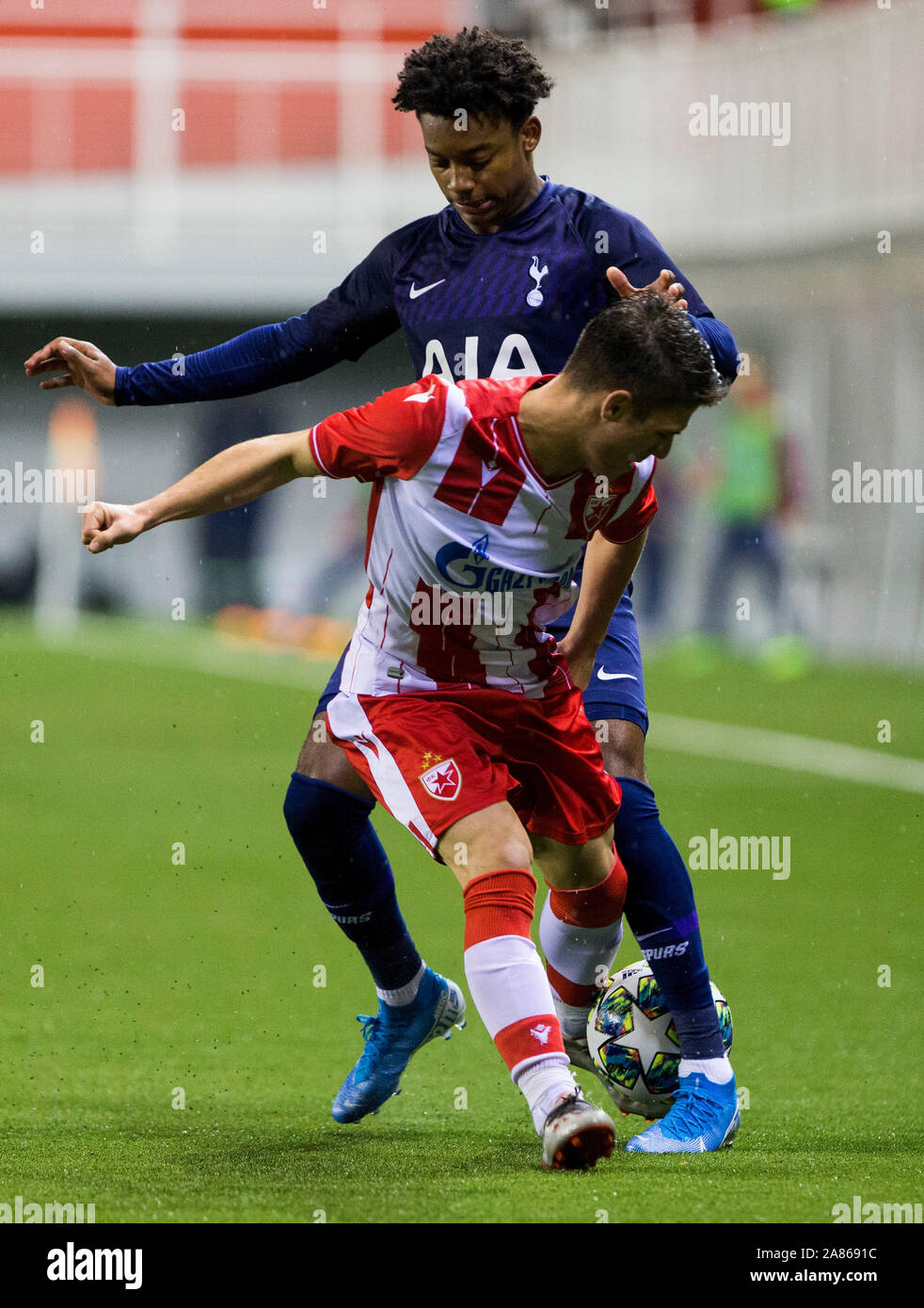 6th November 2019; Vozdovac Stadium, Belgrade, Serbia; UEFA Under 19 UEFA  Youth league football, FK Crvena Zvezda under 19s versus Tottenham Hotspur  under 19s; Stefan Mitrovic of FK Crvena Zvezda clears the