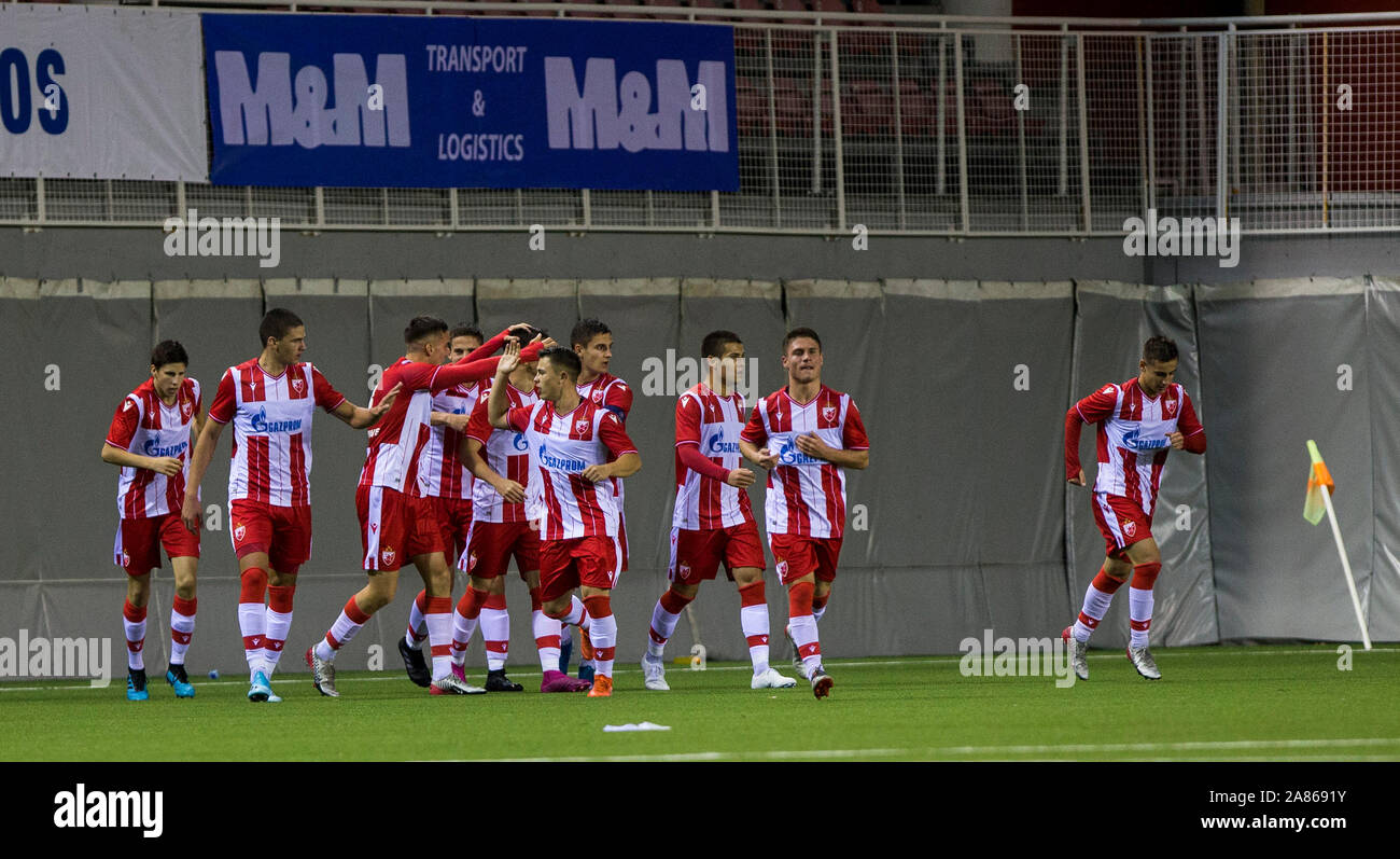 6th November 2019; Vozdovac Stadium, Belgrade, Serbia; UEFA Under 19 UEFA  Youth league football, FK Crvena Zvezda under 19s versus Tottenham Hotspur  under 19s; Stefan Mitrovic of FK Crvena Zvezda clears the