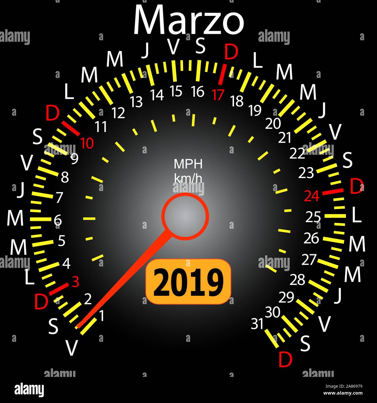2019 year calendar speedometer car in Spanish March. Stock Vector