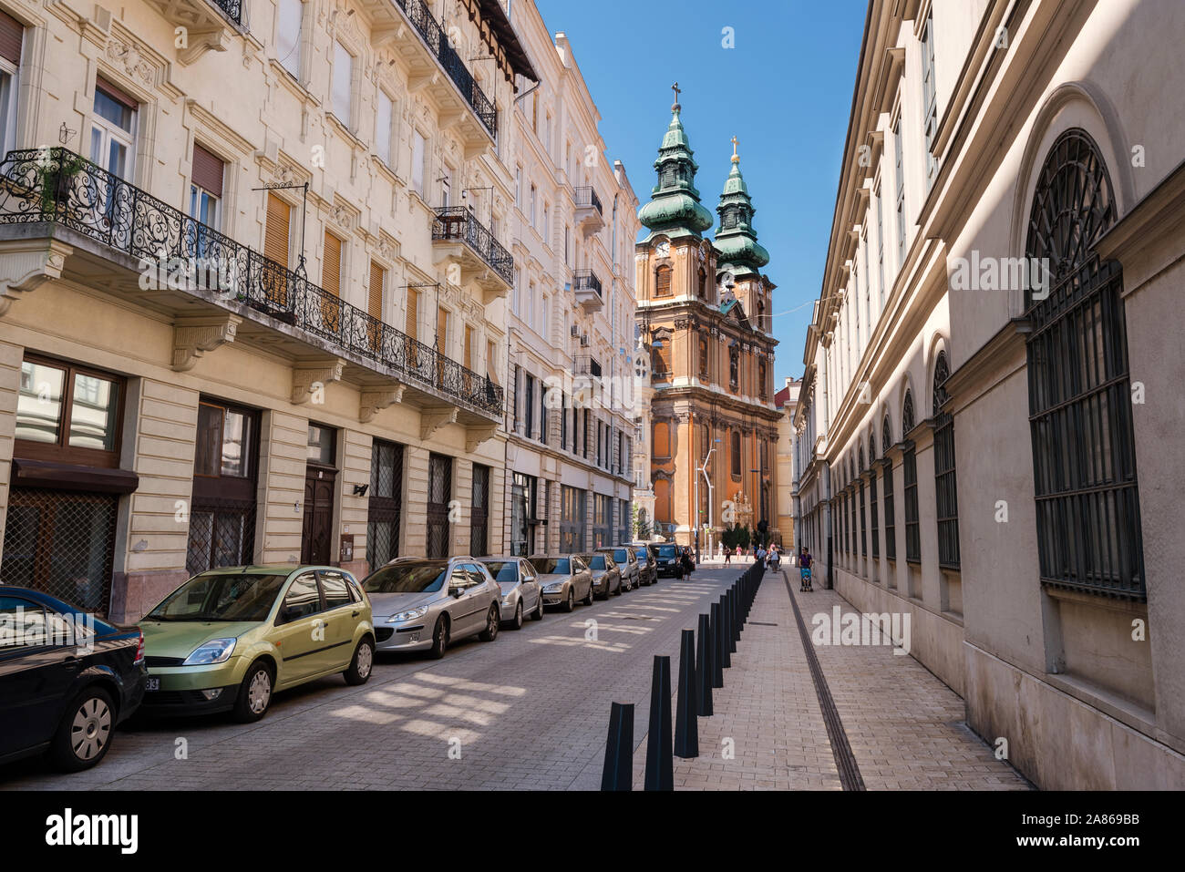 Budapest Downtown Street with University Church View Stock Photo