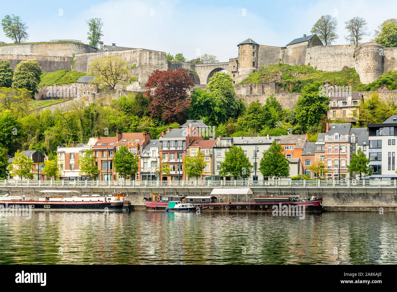 Meuse river and Citadel of Namur fortress on the hill, Namur, Wallonia, Belgium Stock Photo