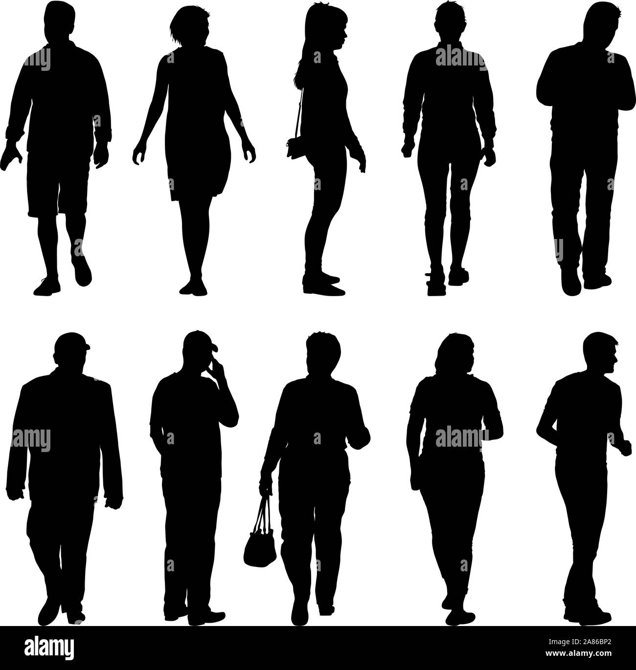 Black Silhouette Group Of People Standing In Various Poses Stock Vector