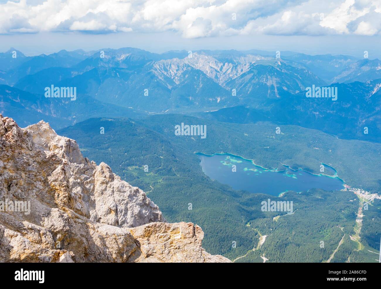 Aerial view on Eibsee lake in front the Alps in Bavaria Germany Stock Photo