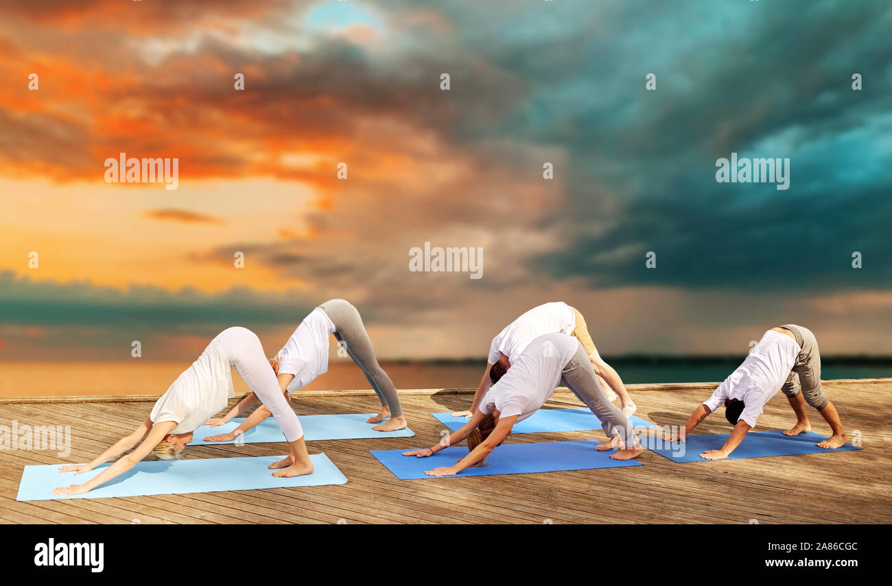 group of people making yoga dog pose outdoors Stock Photo