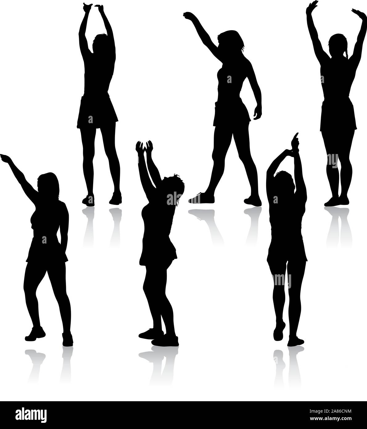 Black silhouettes women with arm raised on a white background Stock ...