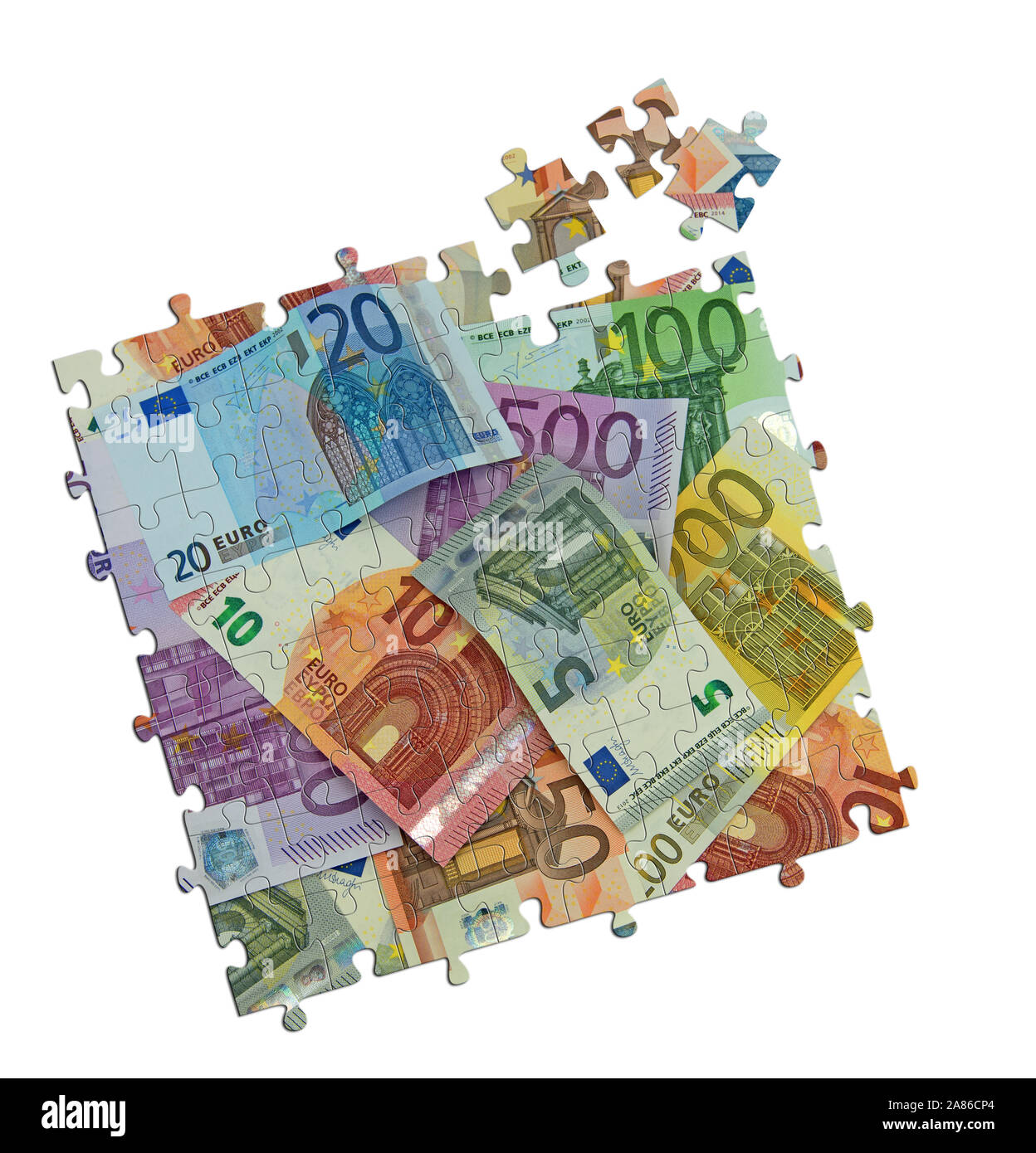 Puzzle of banknotes in front of a white background Stock Photo - Alamy