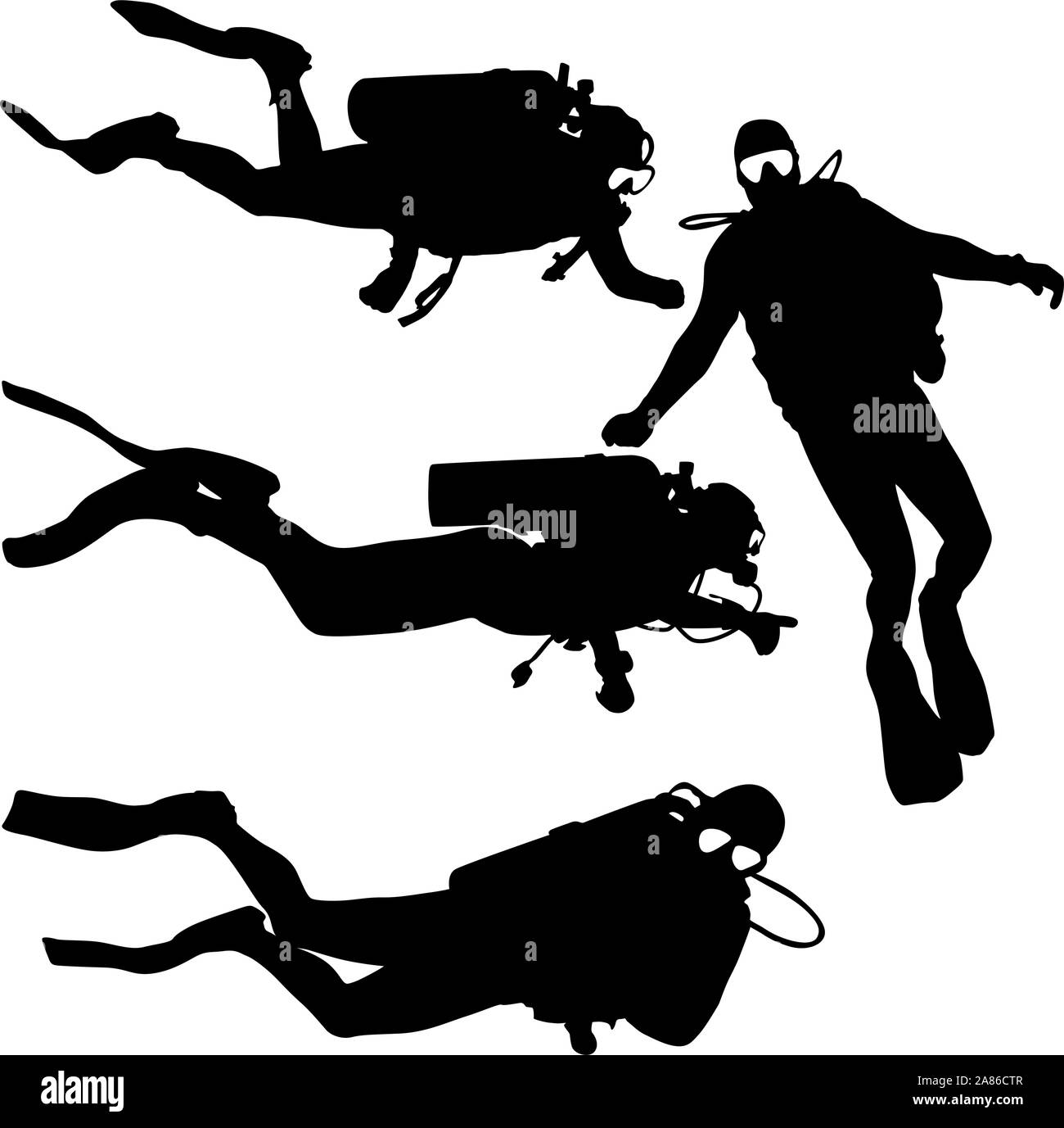 Black set silhouette scuba divers on a white background Stock Vector