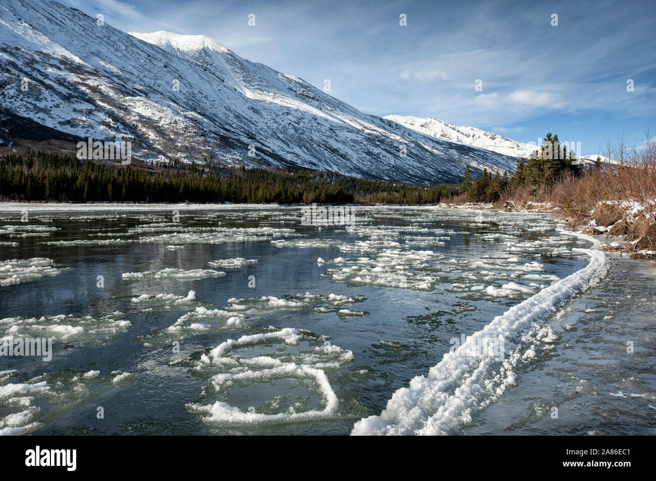 North America; United States; Alaska; Denali National Park; Alaska Range Mountains; Winter; Nenana River Freeze-Up Stock Photo