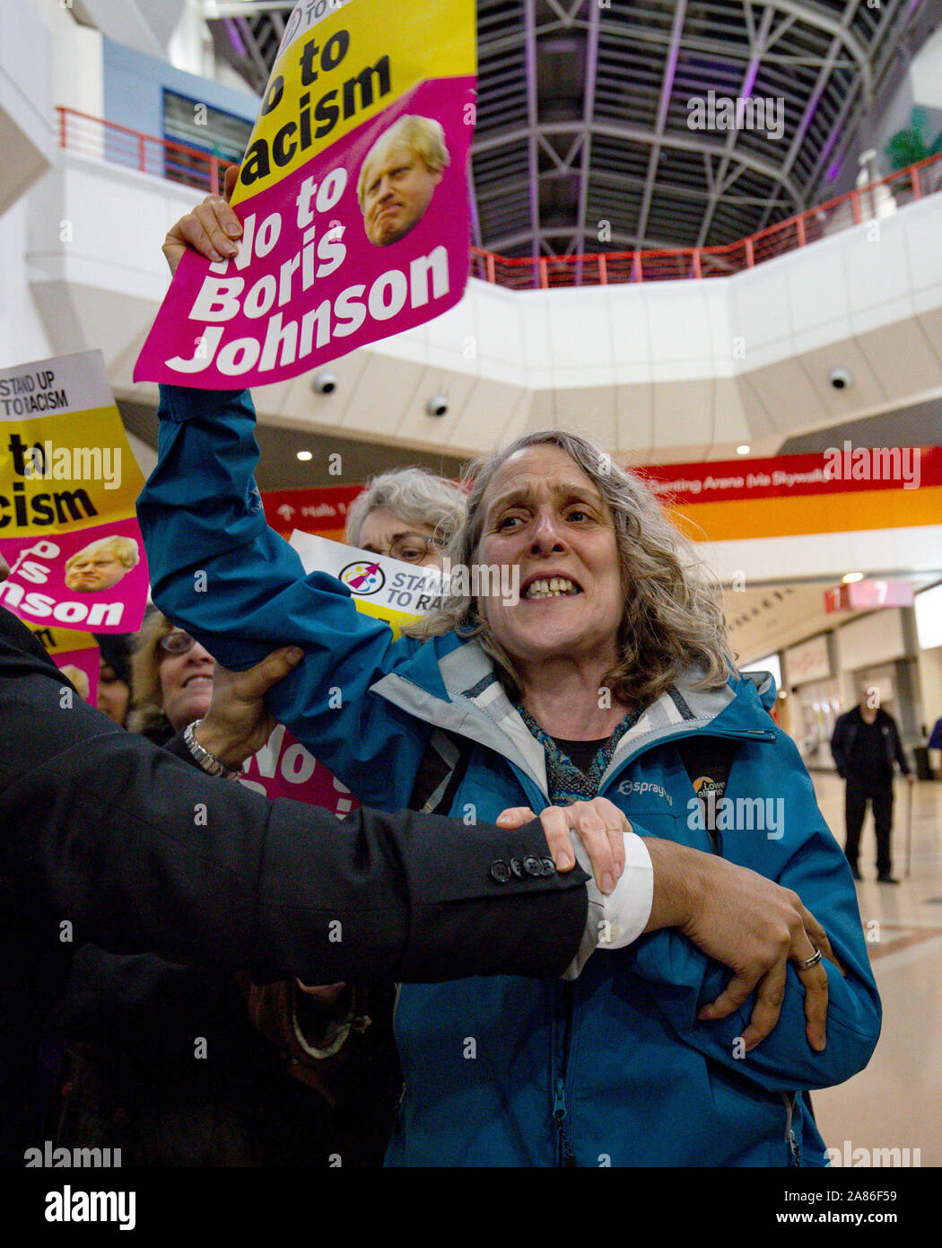 Protesters at the launch the Conservative Party's General Election campaign at NEC, Birmingham. Stock Photo
