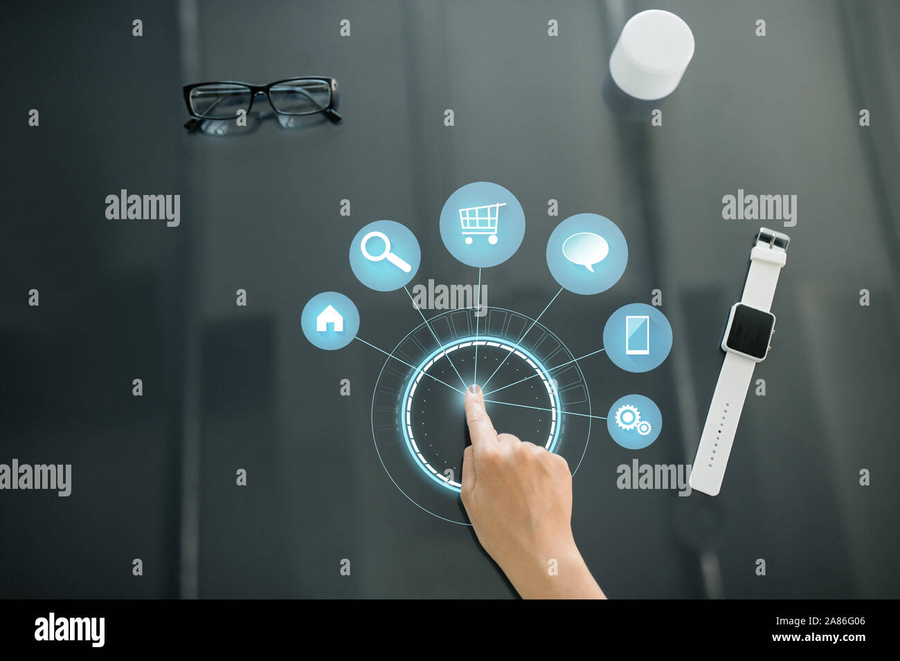 close up of hand using black interactive panel Stock Photo