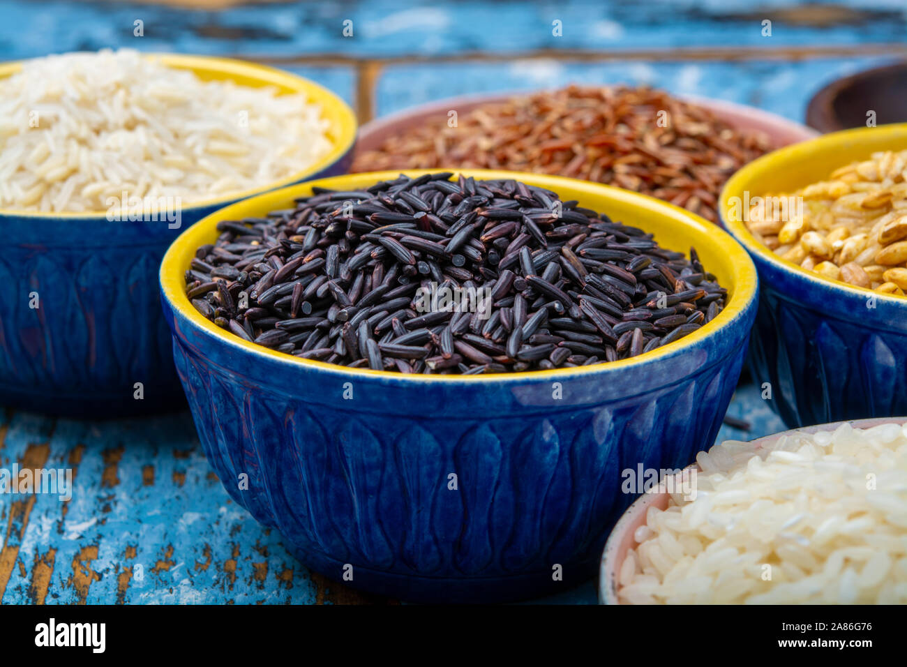 Different types of rice, white basmati, jasmine, arborio, brown and