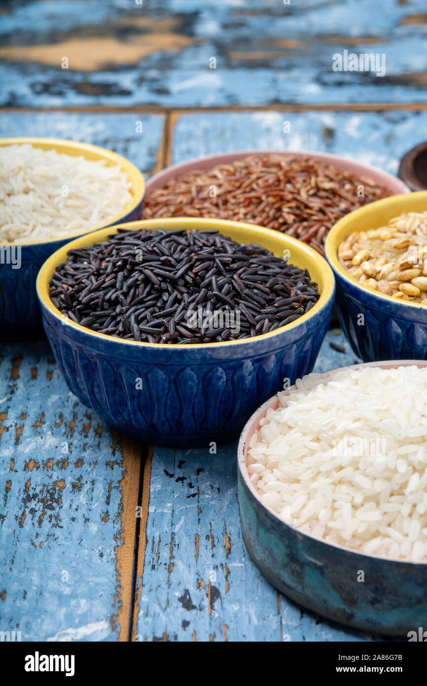 Different types of rice, white basmati, jasmine, arborio, brown and