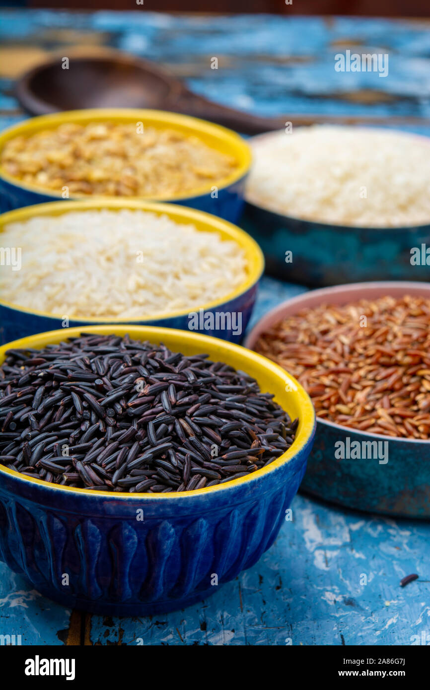 Different types of rice, white basmati, jasmine, arborio, brown and ...