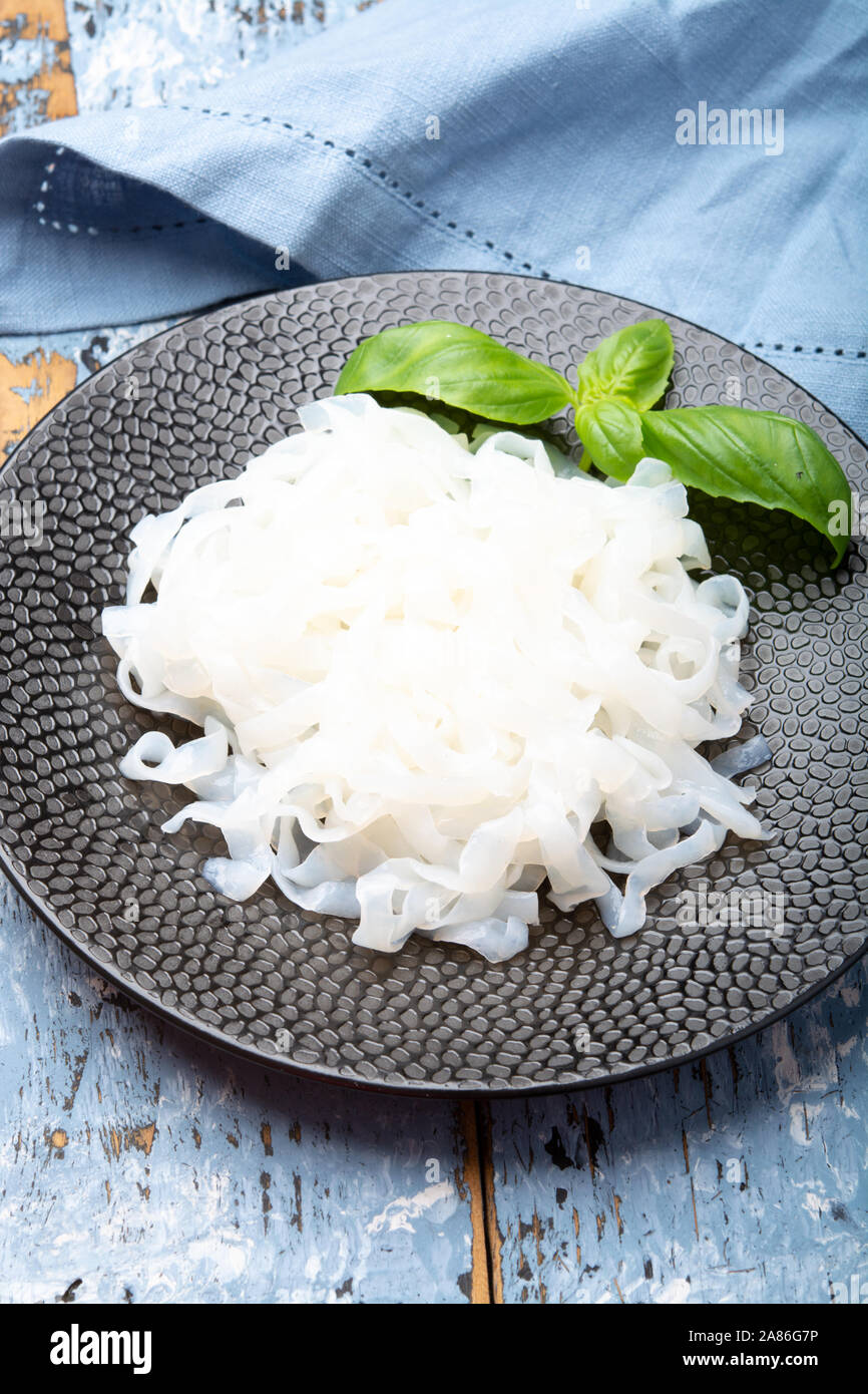 White konjac shirataki noodles, gluten free and no fat diet vegetarian and vegan Asian food