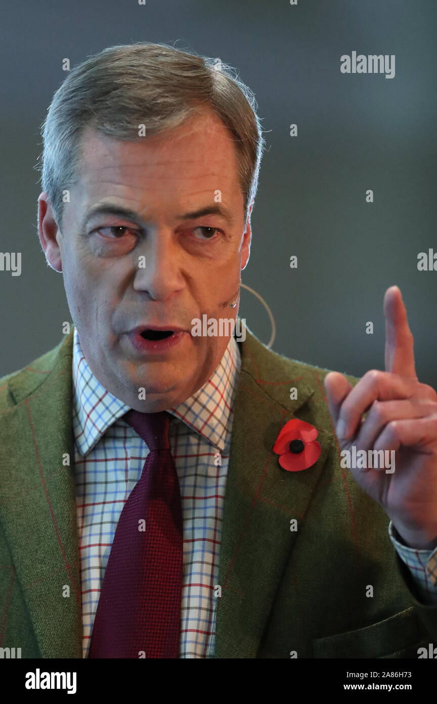 Brexit Party leader Nigel Farage speaking at the Crown & Mitre Hotel in Carlisle. Stock Photo