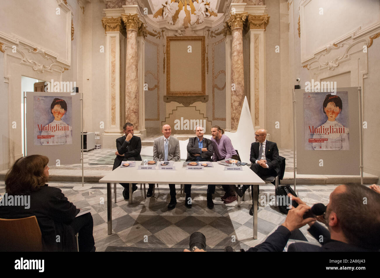 Press conference for the opening of the “Modigliani and the Montparnasse adventure” exhibition at the Place Pio church in Livorno Stock Photo