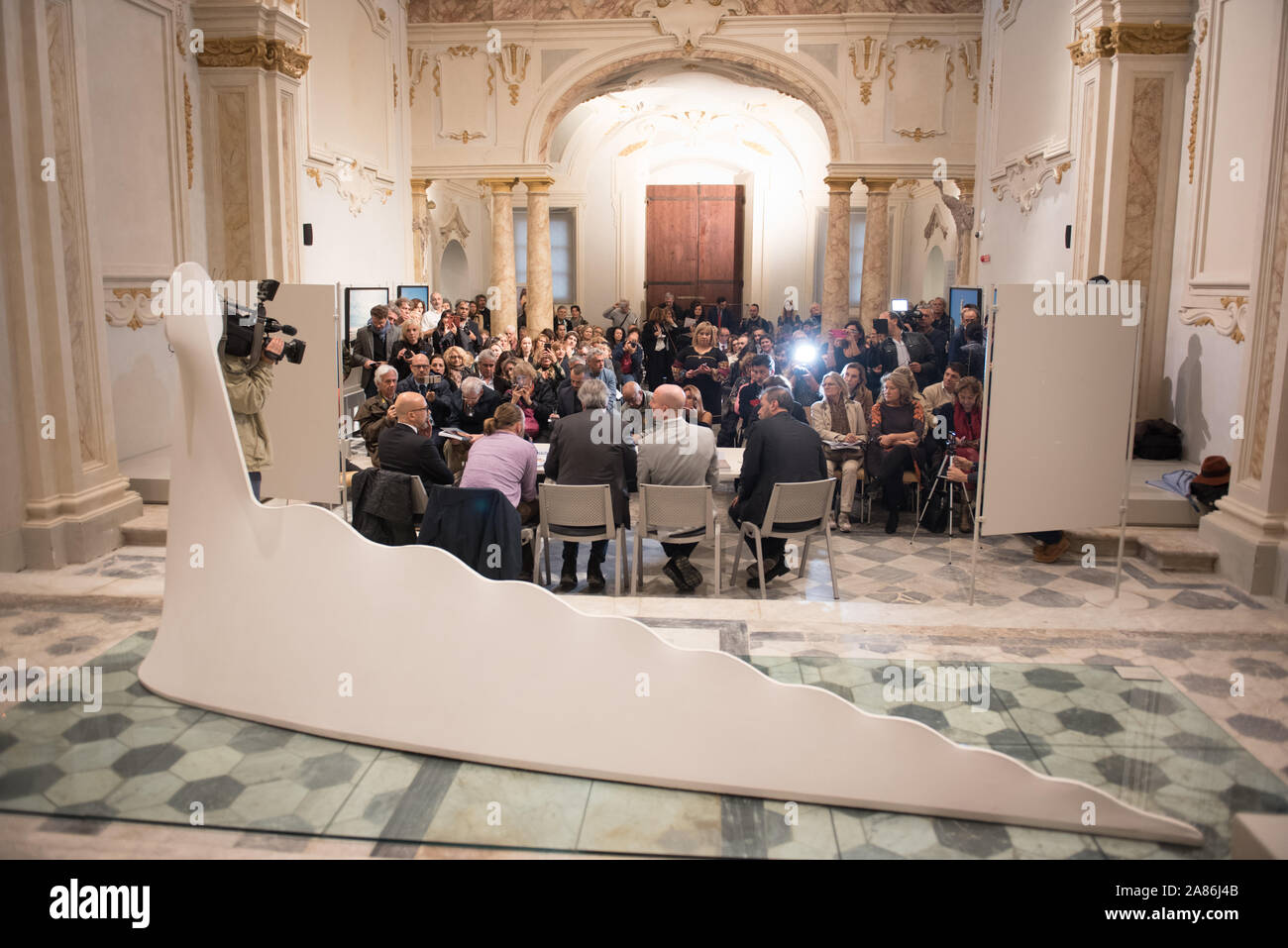 Press conference for the opening of the “Modigliani and the Montparnasse adventure” exhibition at the Place Pio church in Livorno Stock Photo