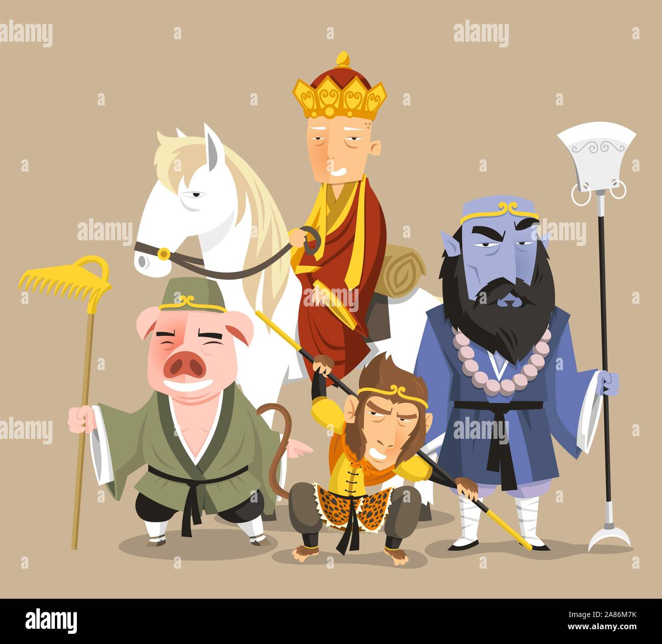 Journey to the West Chinese Mythology Novel Tale, vector illustration cartoon. Stock Vector