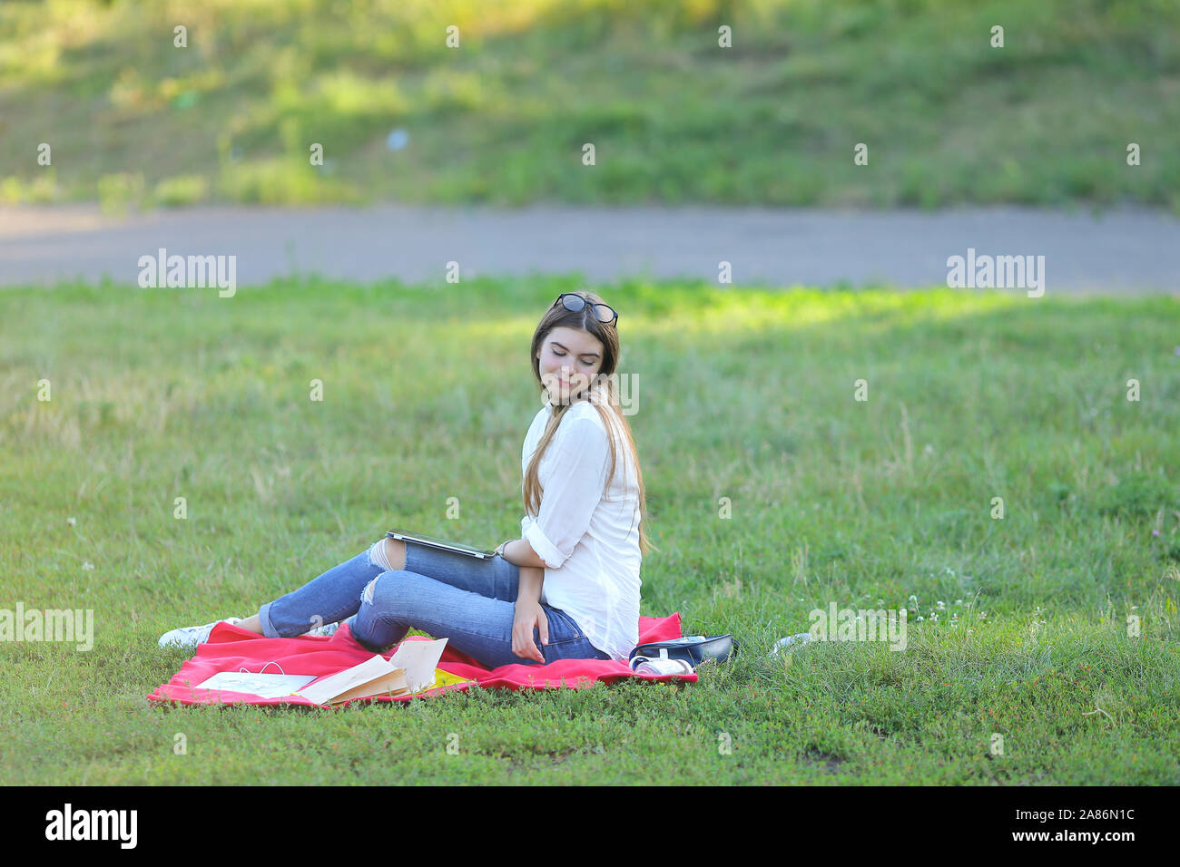 young girl sitting on the grass in the park and works at a laptop and ...