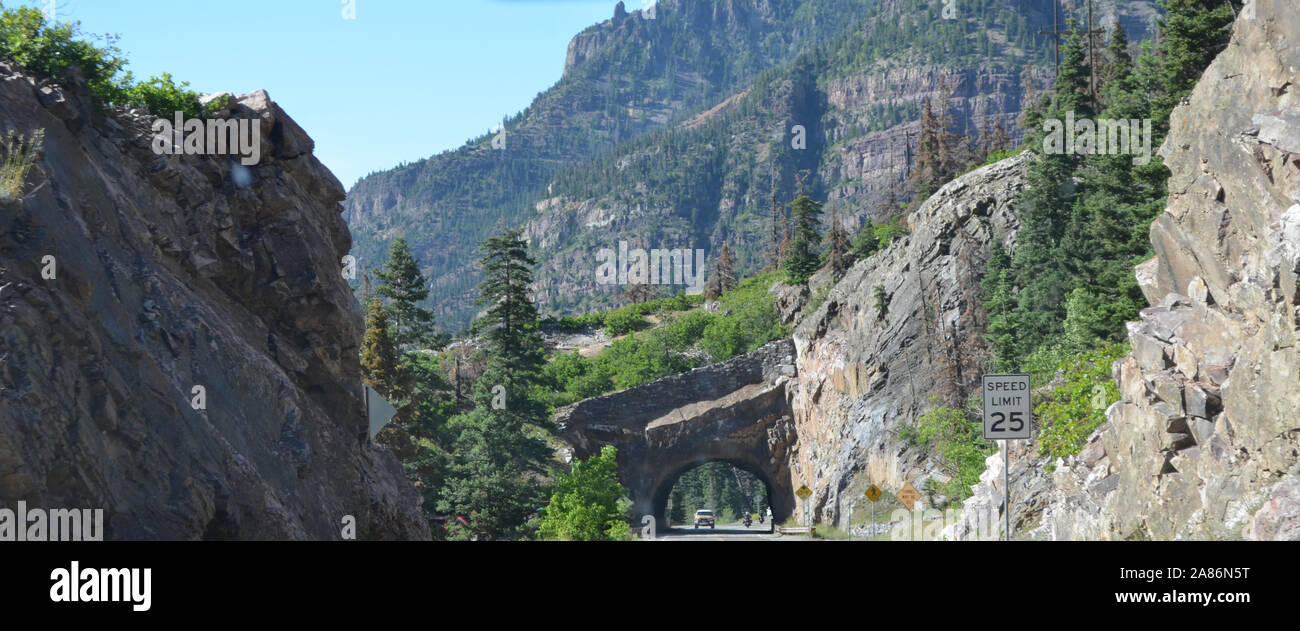 Late Spring in the Colorado Rocky Mountains: Million Dollar Highway Passes Through a Tunnel in the San Juan Mountain Range just South of Ouray Stock Photo