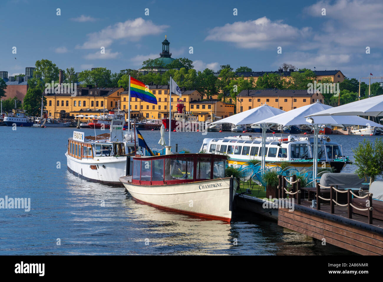 A view of boats, hotels and restaurants at the ferry terminal of