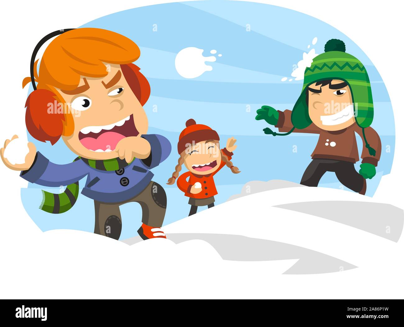 Three happy kids in a snowball fight, during a winter snowy snow day. Vector illustration cartoon Stock Vector Image & Art - Alamy Three happy kids in a snowball fight, during a winter snowy snow day. Vector illustration cartoon Stock Vector Image & Art - Alamy