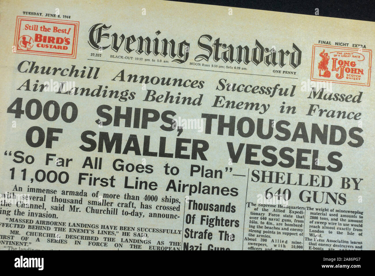Front page showing the start of the D Day landings in World War Two in the Evening Standard newspaper (replica) on 6th June 1944. Stock Photo