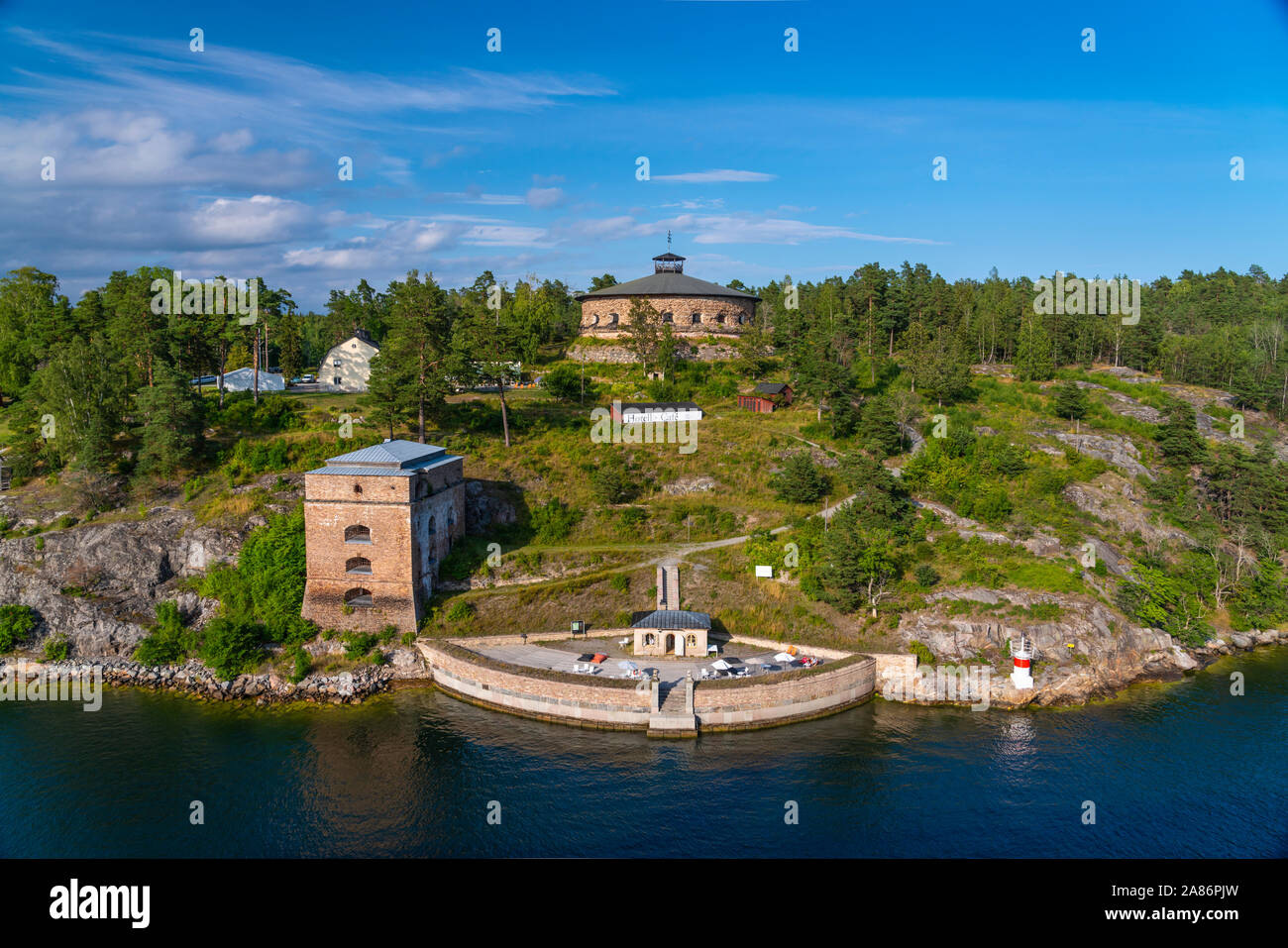 A hotel and cafe along the waterways near Stockholm, Sweden. Stock Photo