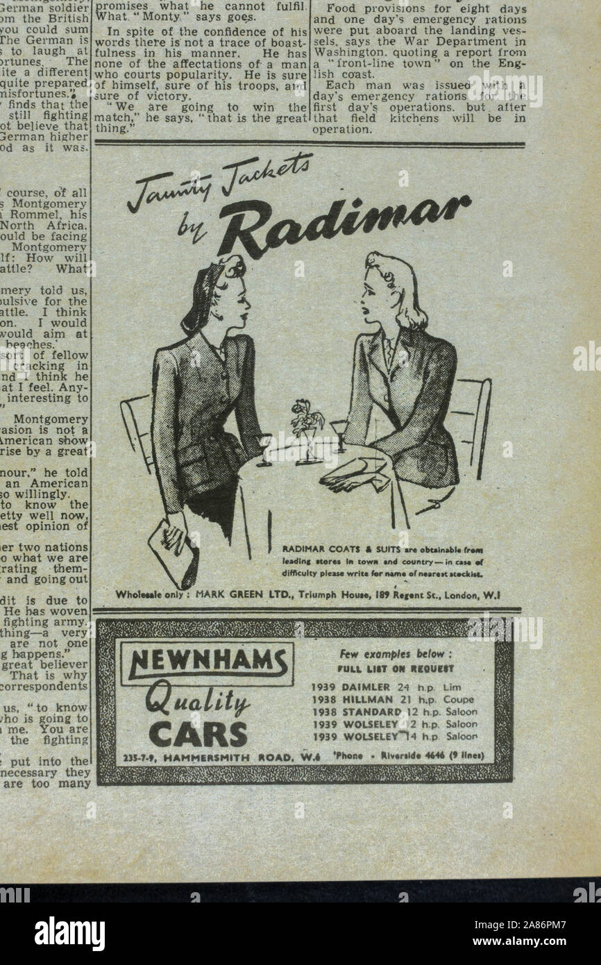 Ads for 'Jaunty Jackets' by Radimar and 'Newnhams Quality Cars' in the Evening Standard newspaper (replica) on 6th June 1944. Stock Photo