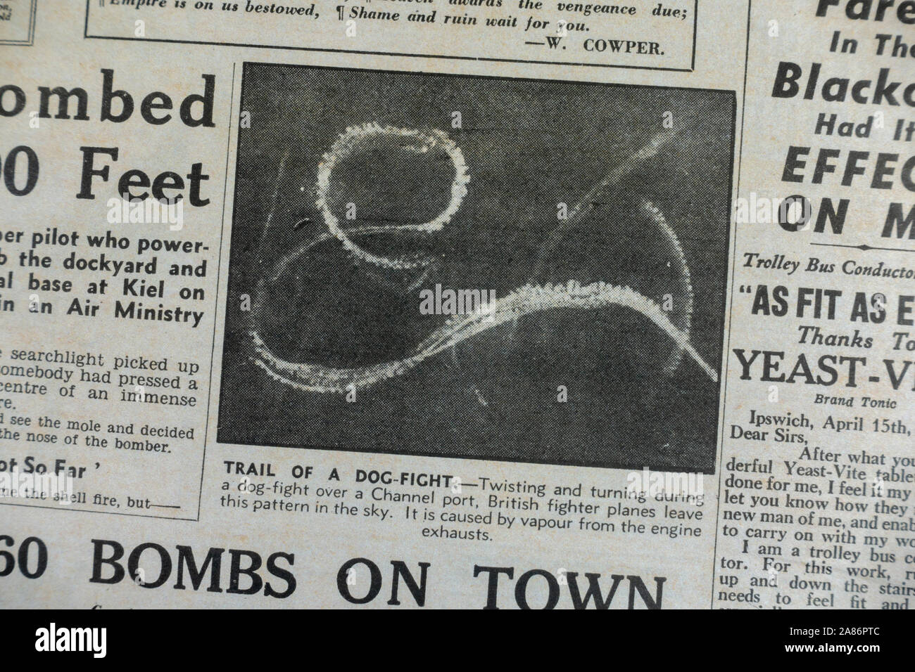 Photograph showing the twisting and turning of an aerial dogfight: Daily Sketch newspaper (replica), 29th August 1940 (during the Blitz). Stock Photo