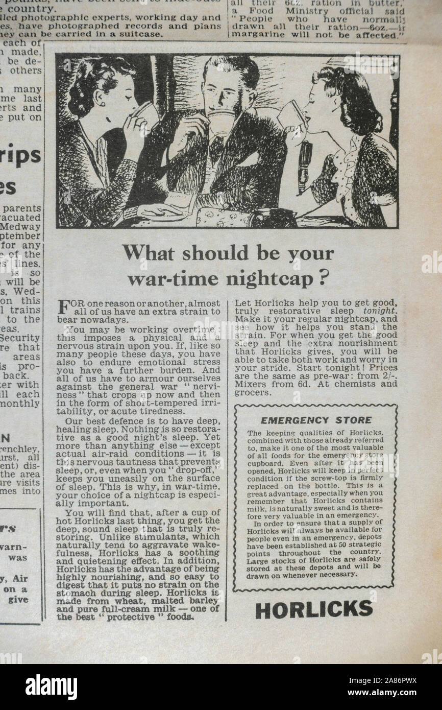 Ad for Horlicks, 'your wartime nightcap': Daily Sketch newspaper (replica), 29th August 1940 (during the Blitz). Stock Photo