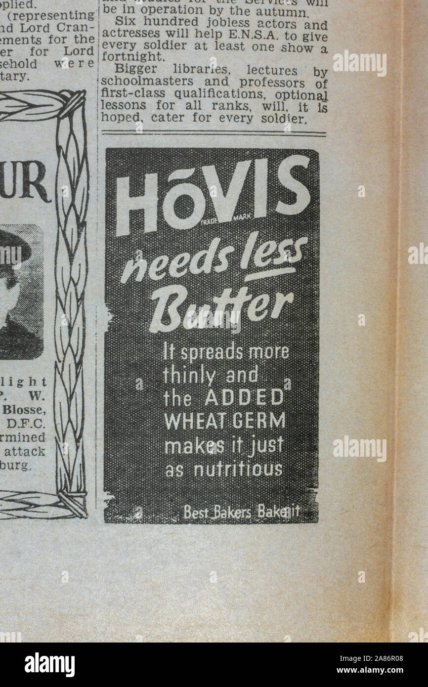Ad for Hovis bread with added wheat germ needing less butter: Daily Sketch newspaper (replica), 29th August 1940 (during the Blitz). Stock Photo