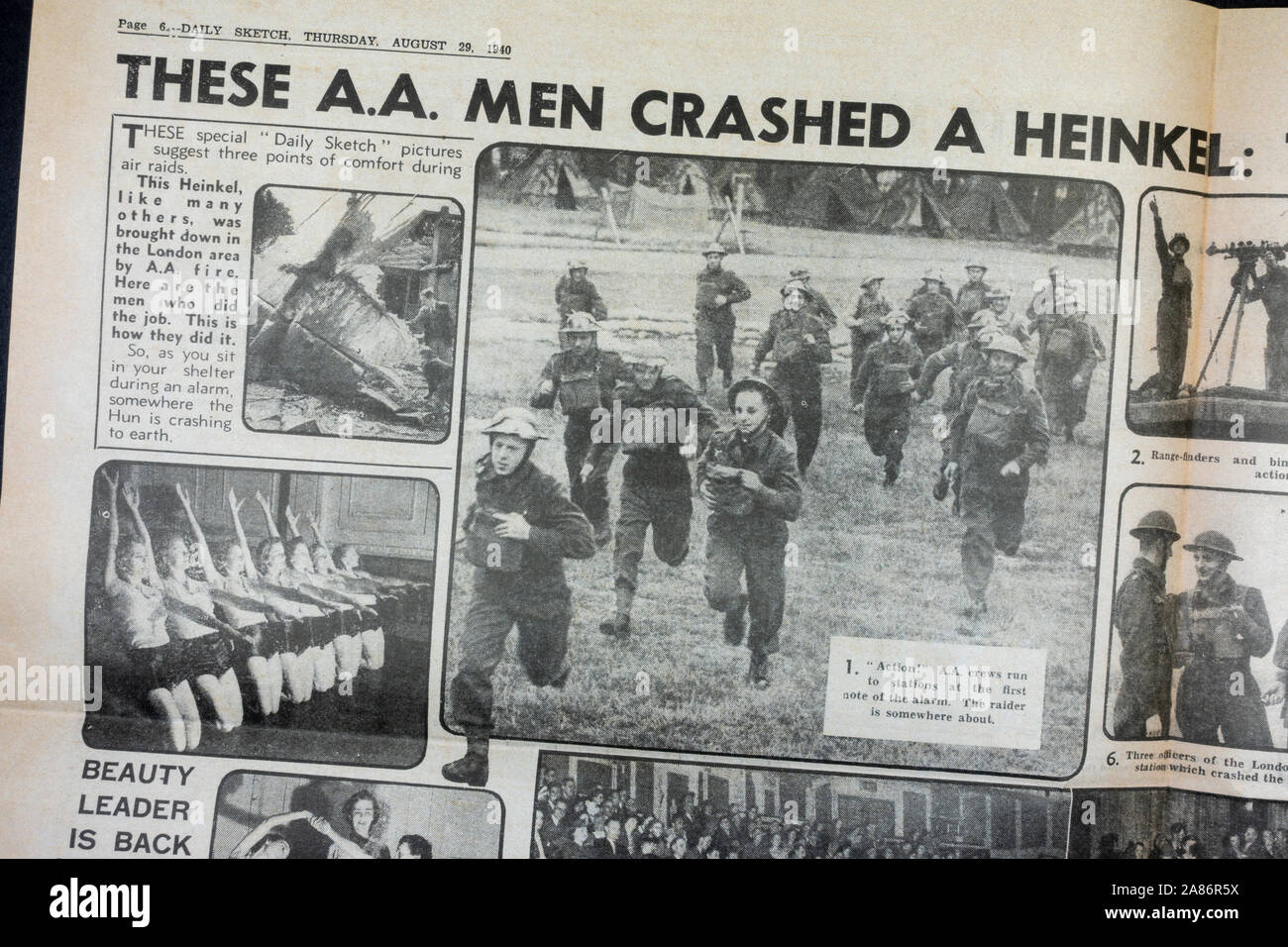 Photos showing Anti Aircraft crews at work defending Britain: Daily Sketch newspaper (replica), 29th August 1940 (during the Blitz). Stock Photo